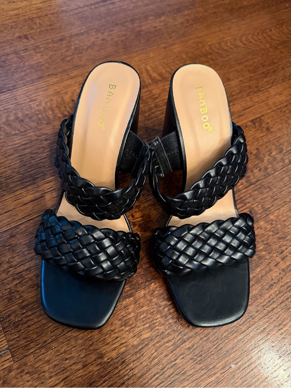 BAMBOO Black Braided Double-Strap Slide Heels